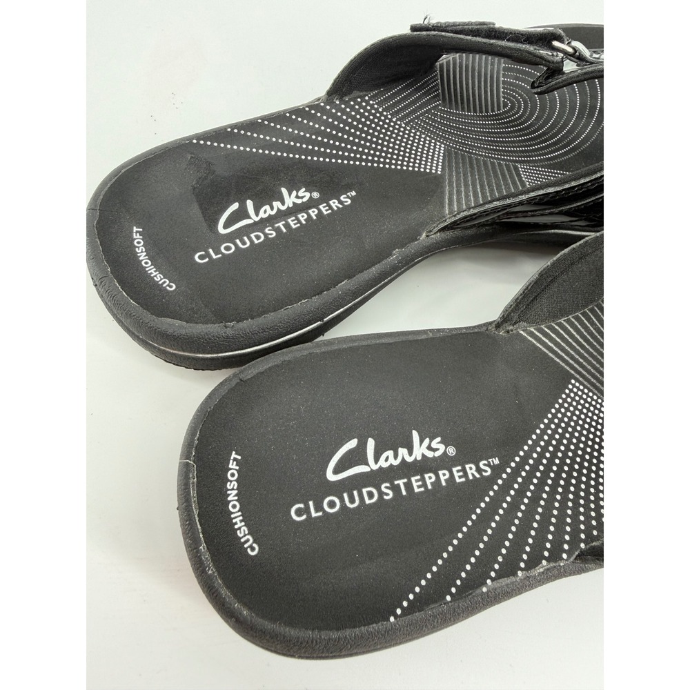 Clarks Womens 7 Black Cloudsteppers Flip Flop Sandals Patent Adjustable Strap - Picture 6 of 7